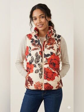 Aerie Offline Floral Quilted Puffer Vest Cream & Red